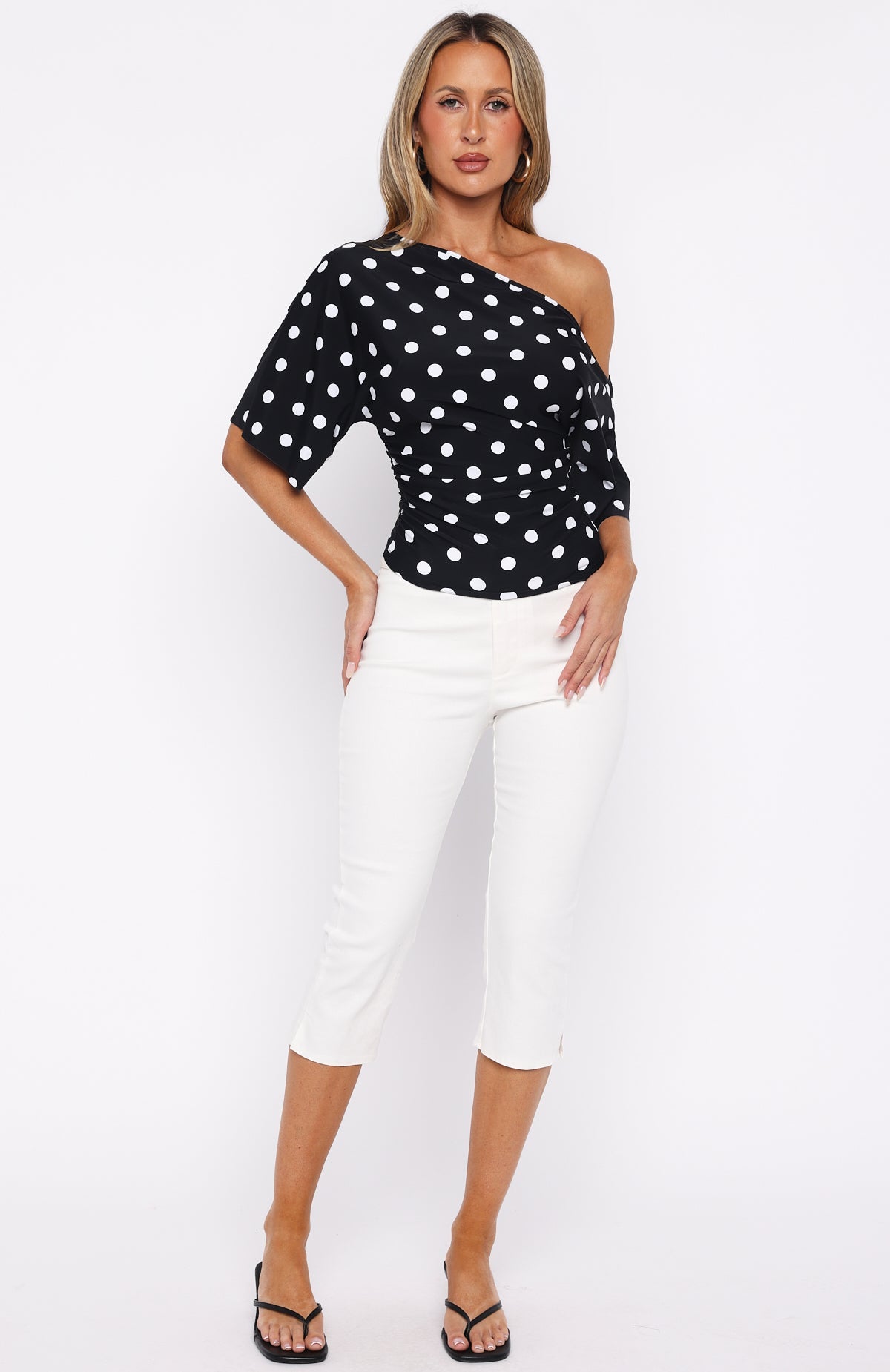 Marrakech Moments Cinched Waist Top Black/White Polka Dot
