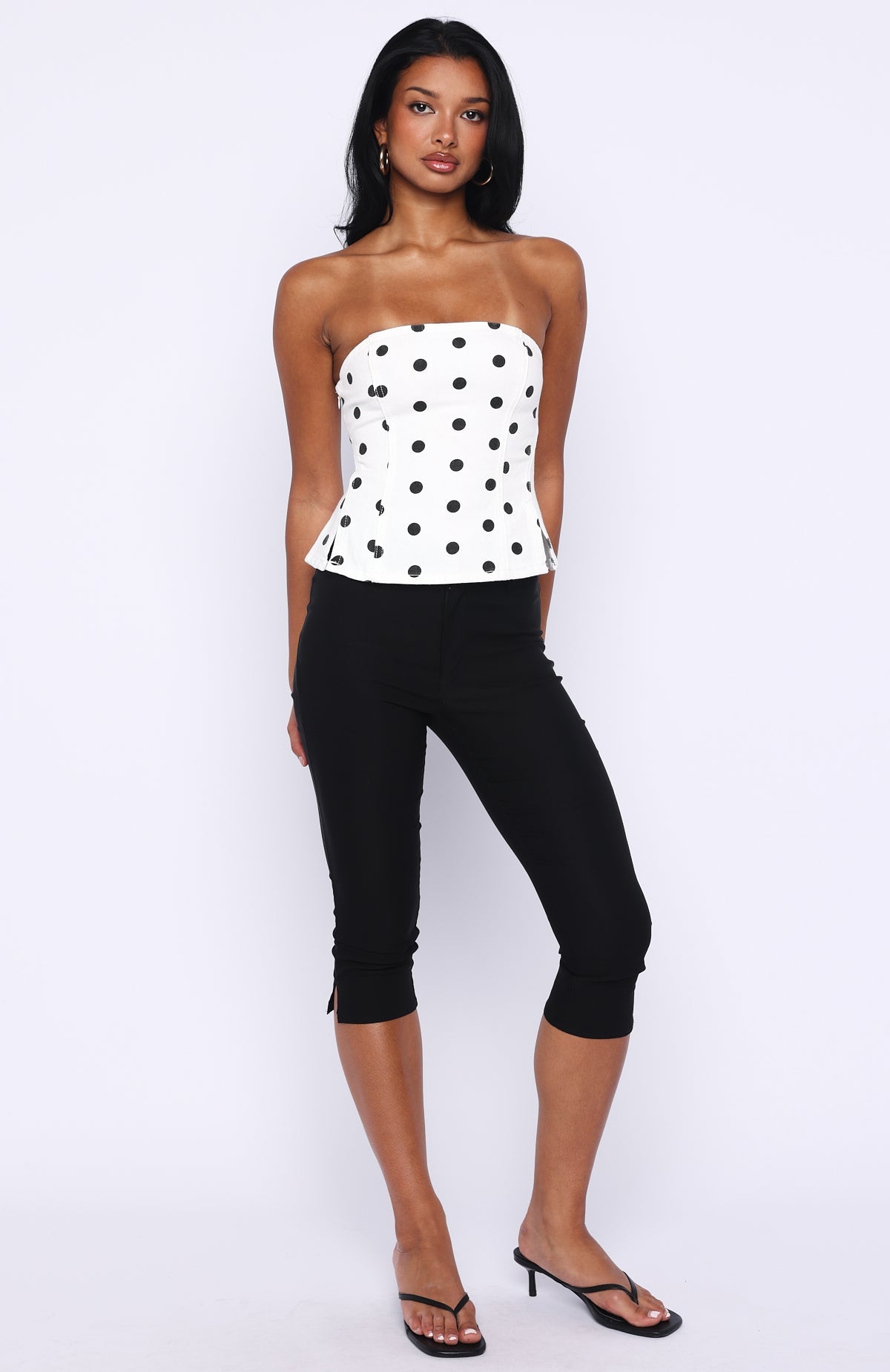 More Power Strapless Denim Top White/Black Polka Dot