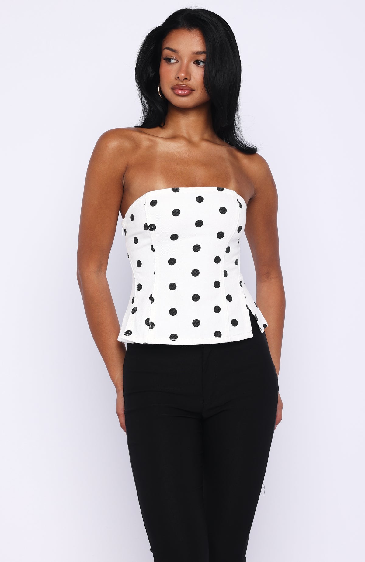 More Power Strapless Denim Top White/Black Polka Dot