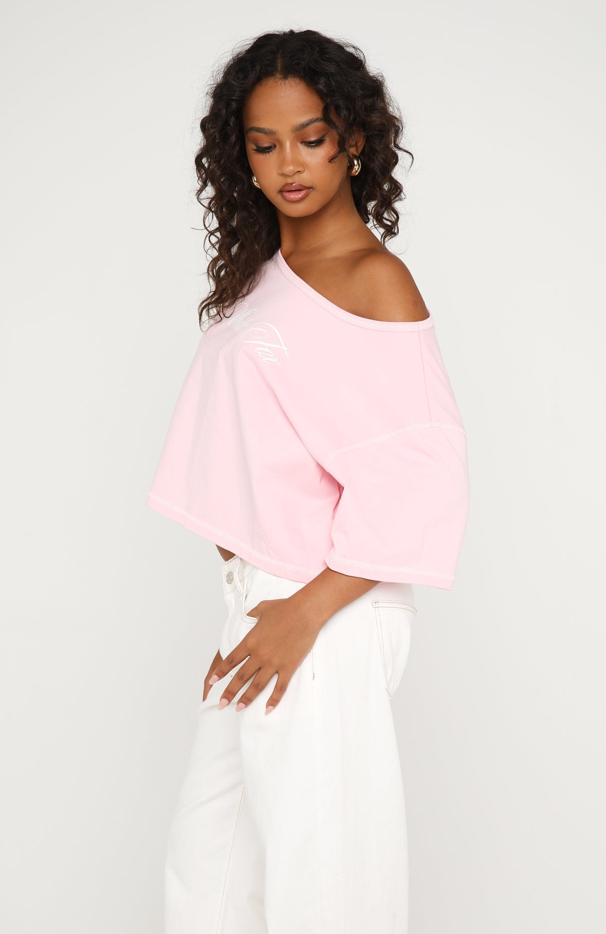 Need More Time Off Shoulder Oversized Tee Pink