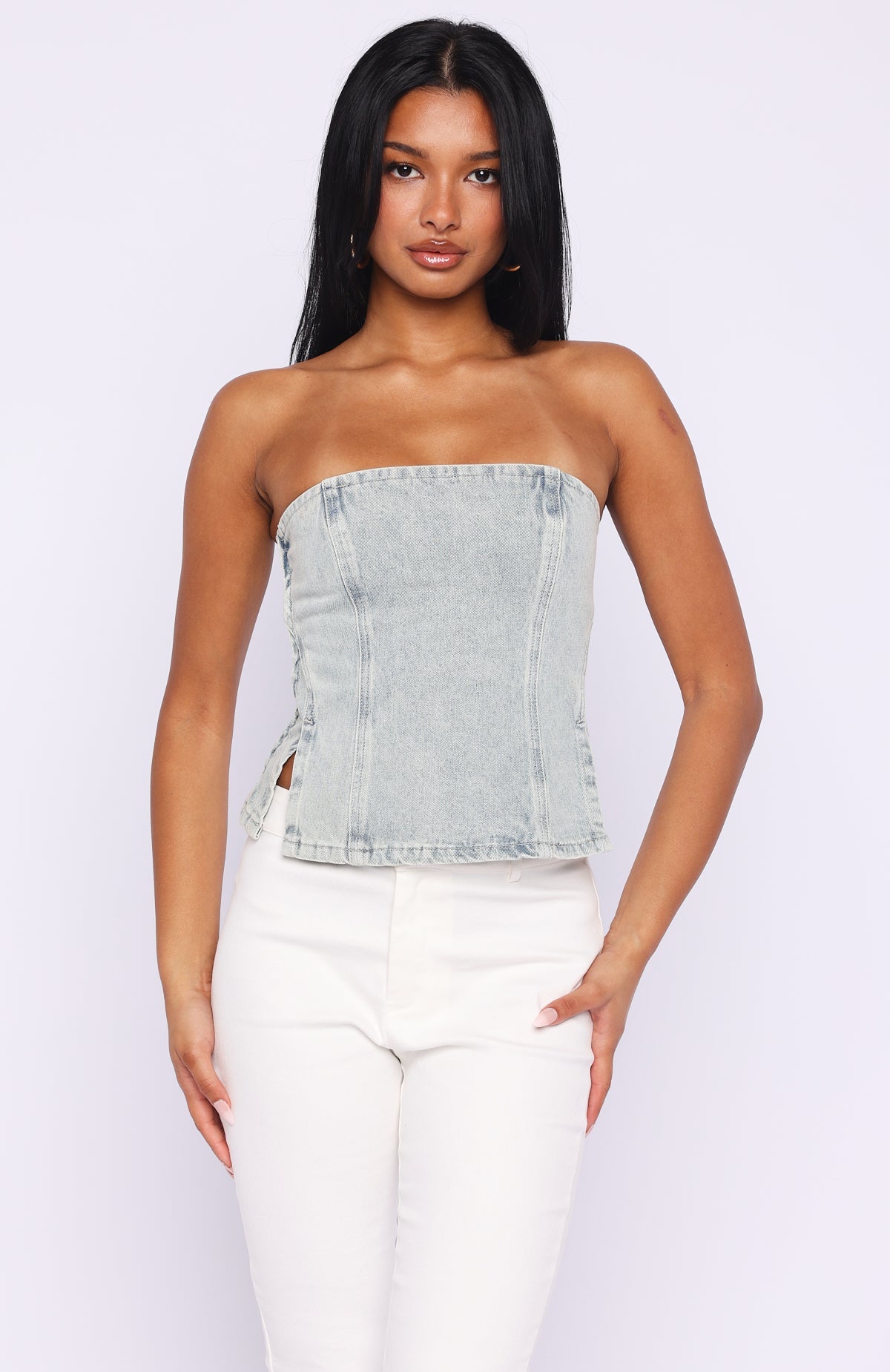Not Listening Strapless Denim Top Light Blue