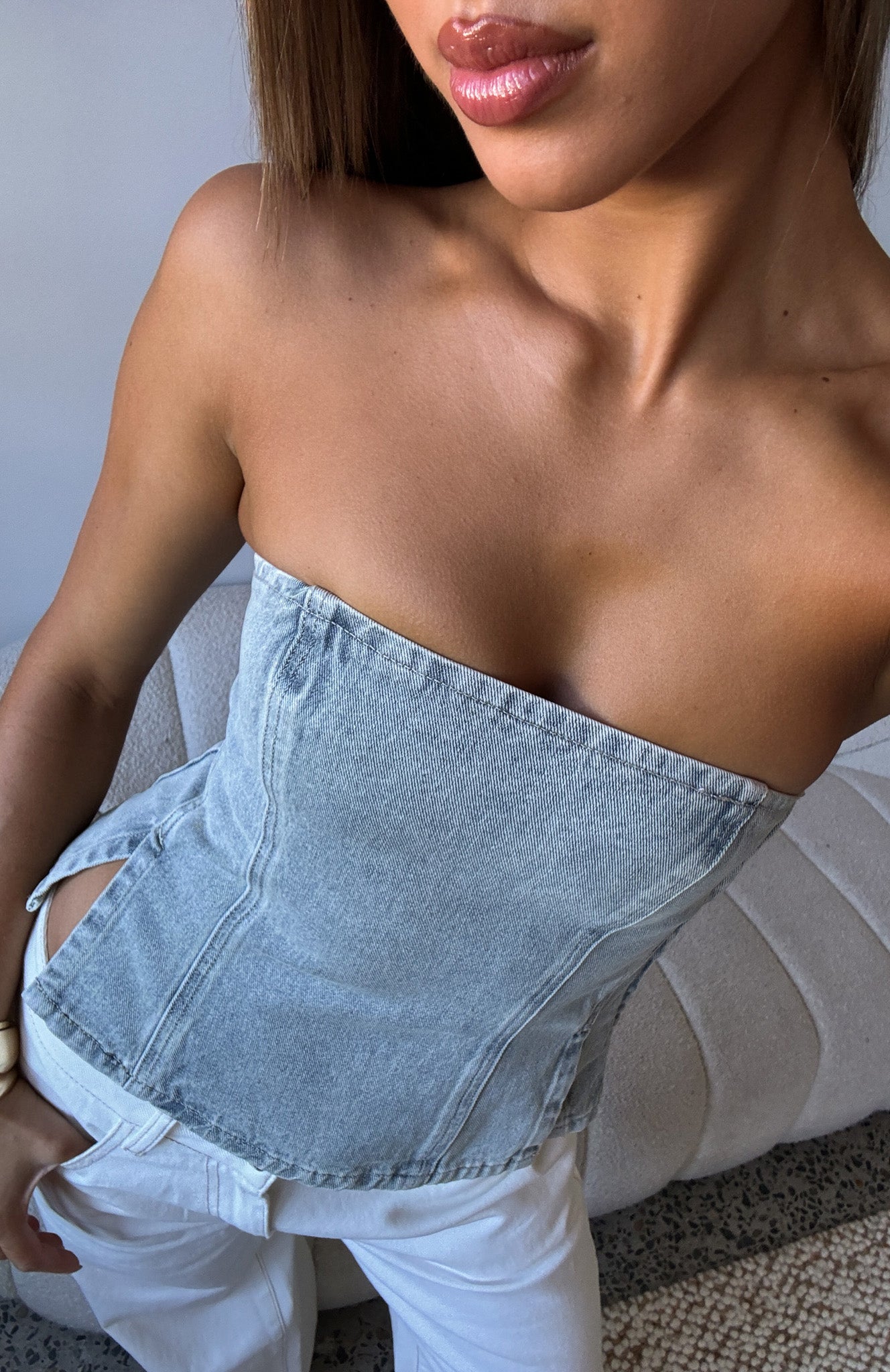 Not Listening Strapless Denim Top Light Blue