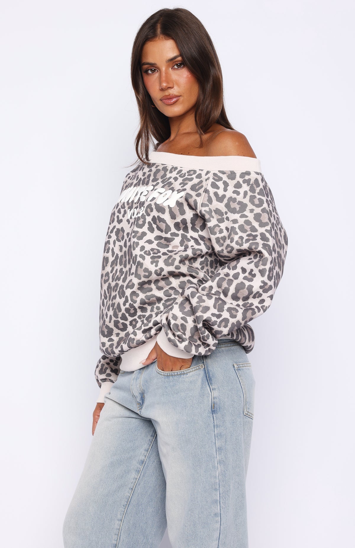 Offstage Printed Off Shoulder Sweater Leopard
