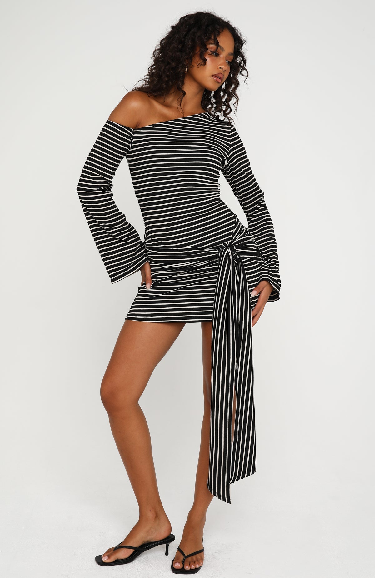 On Her Throne Off Shoulder Long Sleeve Mini Dress Black/Marle Stripe
