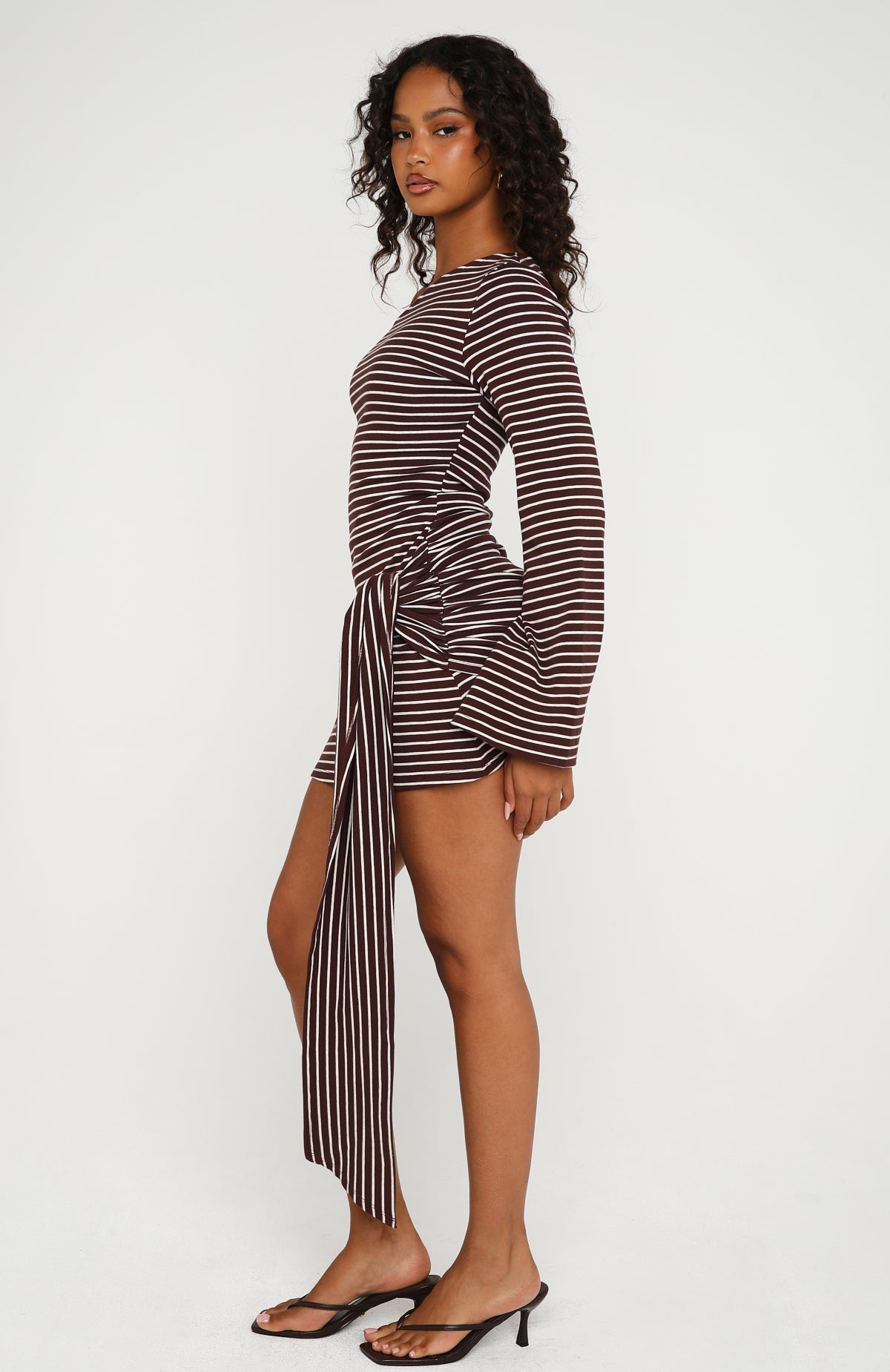 On Her Throne Off Shoulder Long Sleeve Mini Dress Chocolate/Marle Stripe