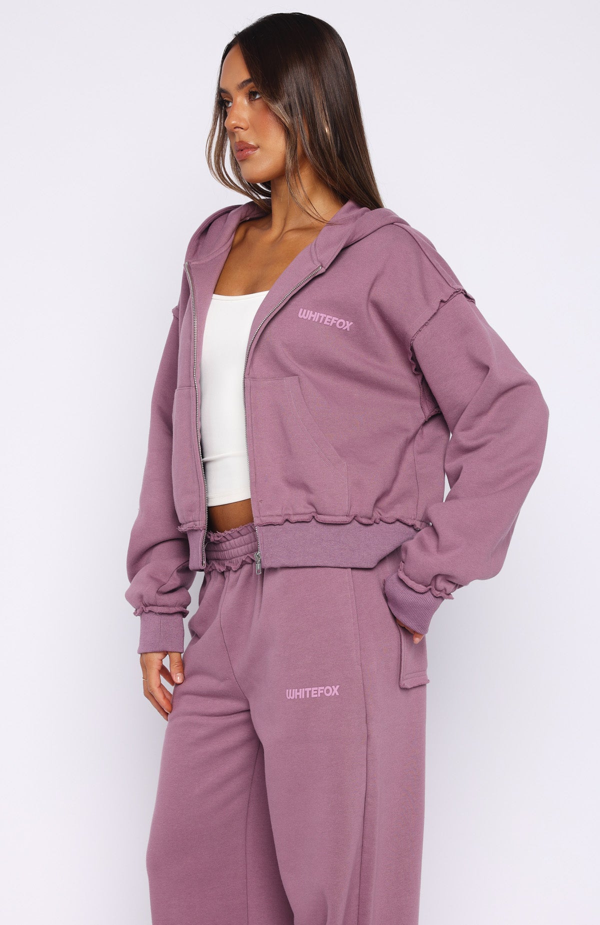 On My Own Terms Boxy Zip Front Hoodie Dusty Plum