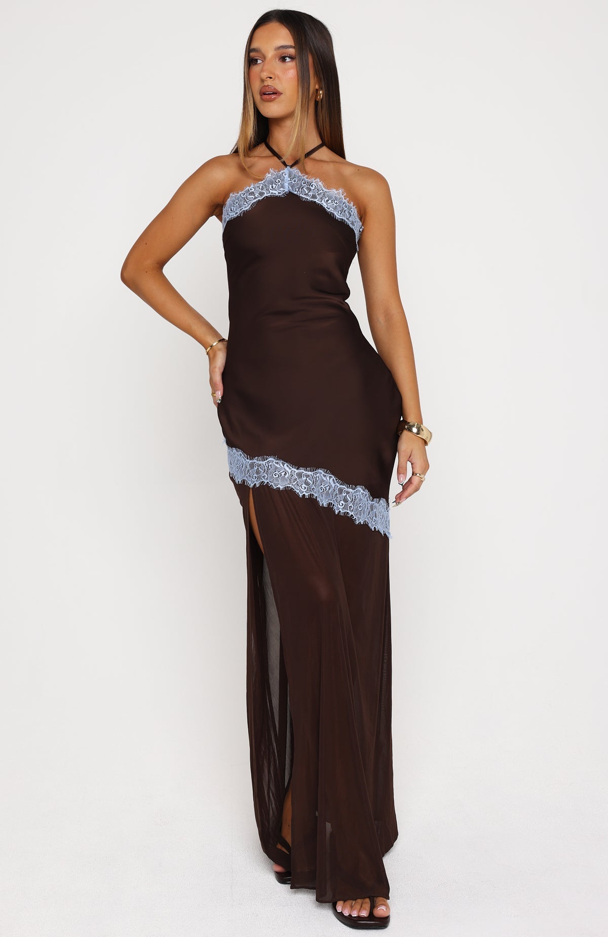 Perfect For You Halter Maxi Dress Dark Chocolate/Powder Blue
