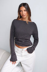 Another Time Cinched Waist Long Sleeve Top Black Stripe