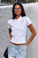 Sweet But Serious Cinched Waist Collared Top White