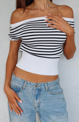 Sweet Dreams Cinched Waist Off Shoulder Top White/Black Stripe
