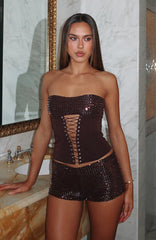 The Glitterati Beaded Mini Shorts Chocolate