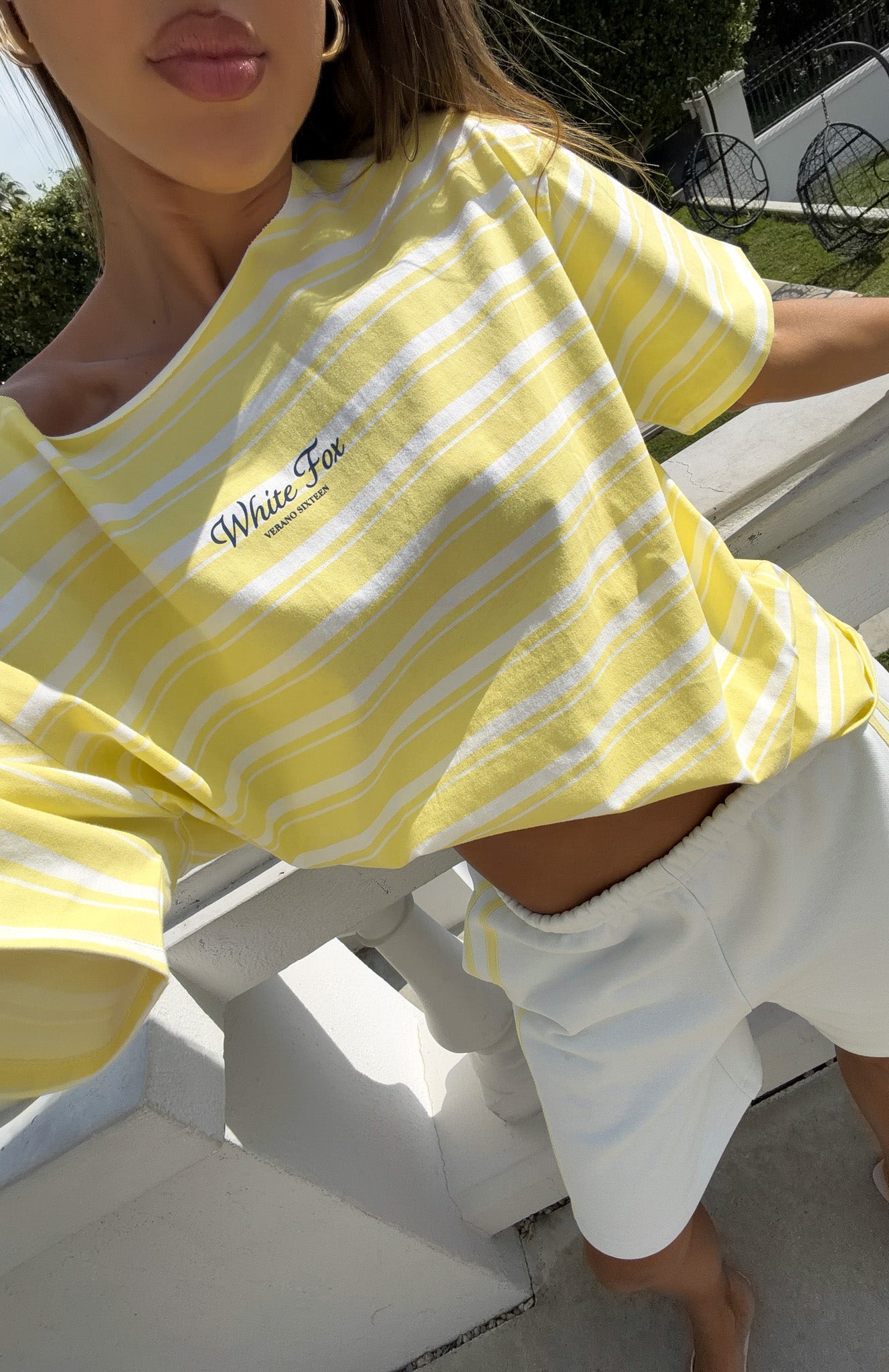 Verano Sixteen Magnolia Off Shoulder Oversized Tee Lemon/White Stripe