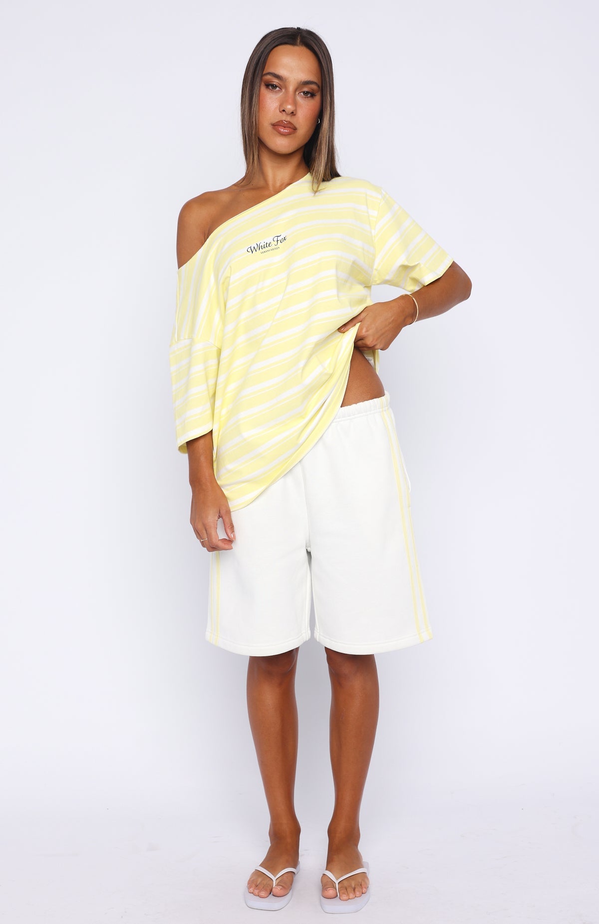 Verano Sixteen Magnolia Off Shoulder Oversized Tee Lemon/White Stripe