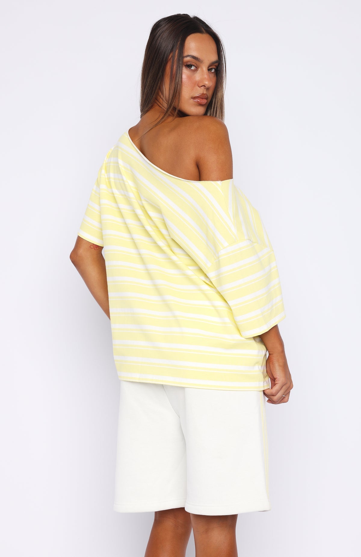 Verano Sixteen Magnolia Off Shoulder Oversized Tee Lemon/White Stripe