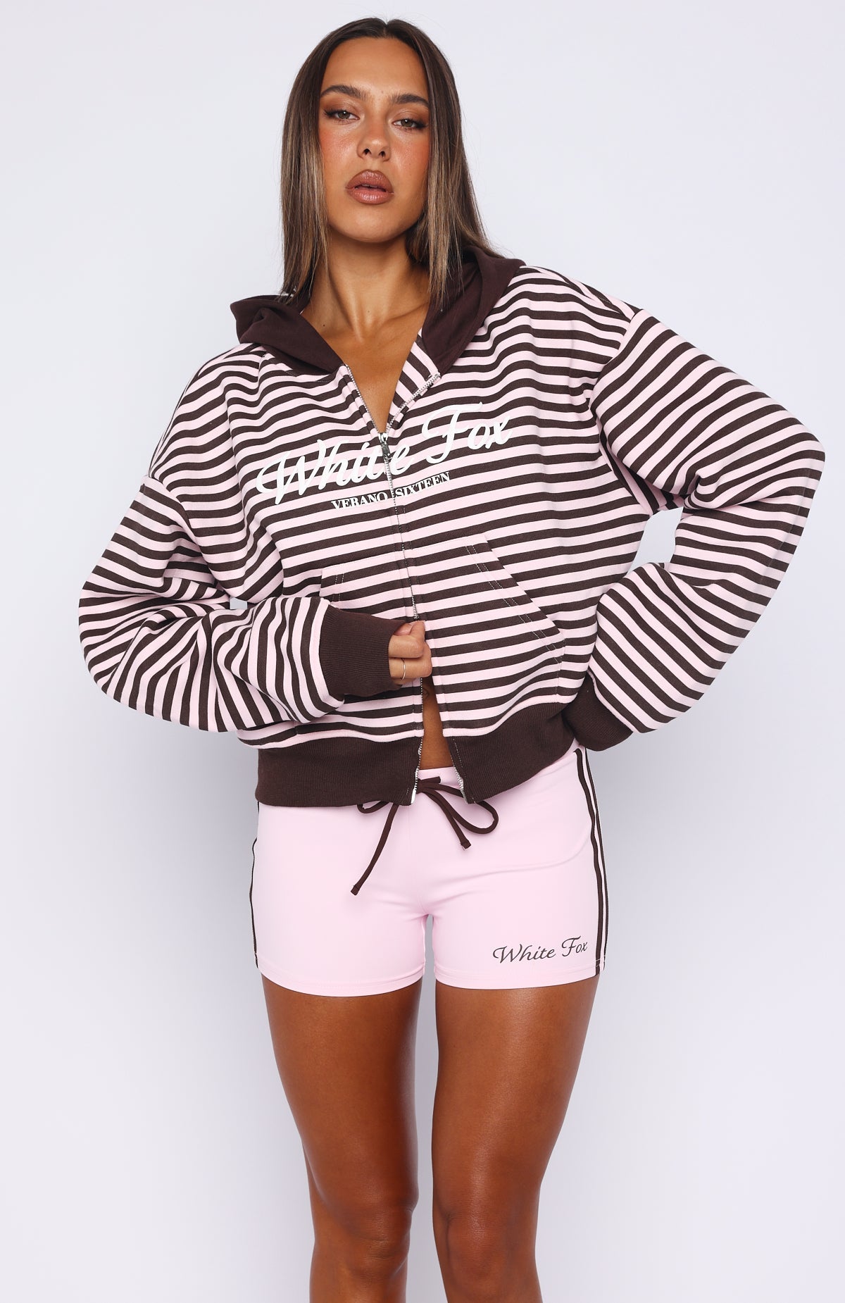 Verano Sixteen Maria Boxy Zip Front Hoodie Pink/Choc Stripe