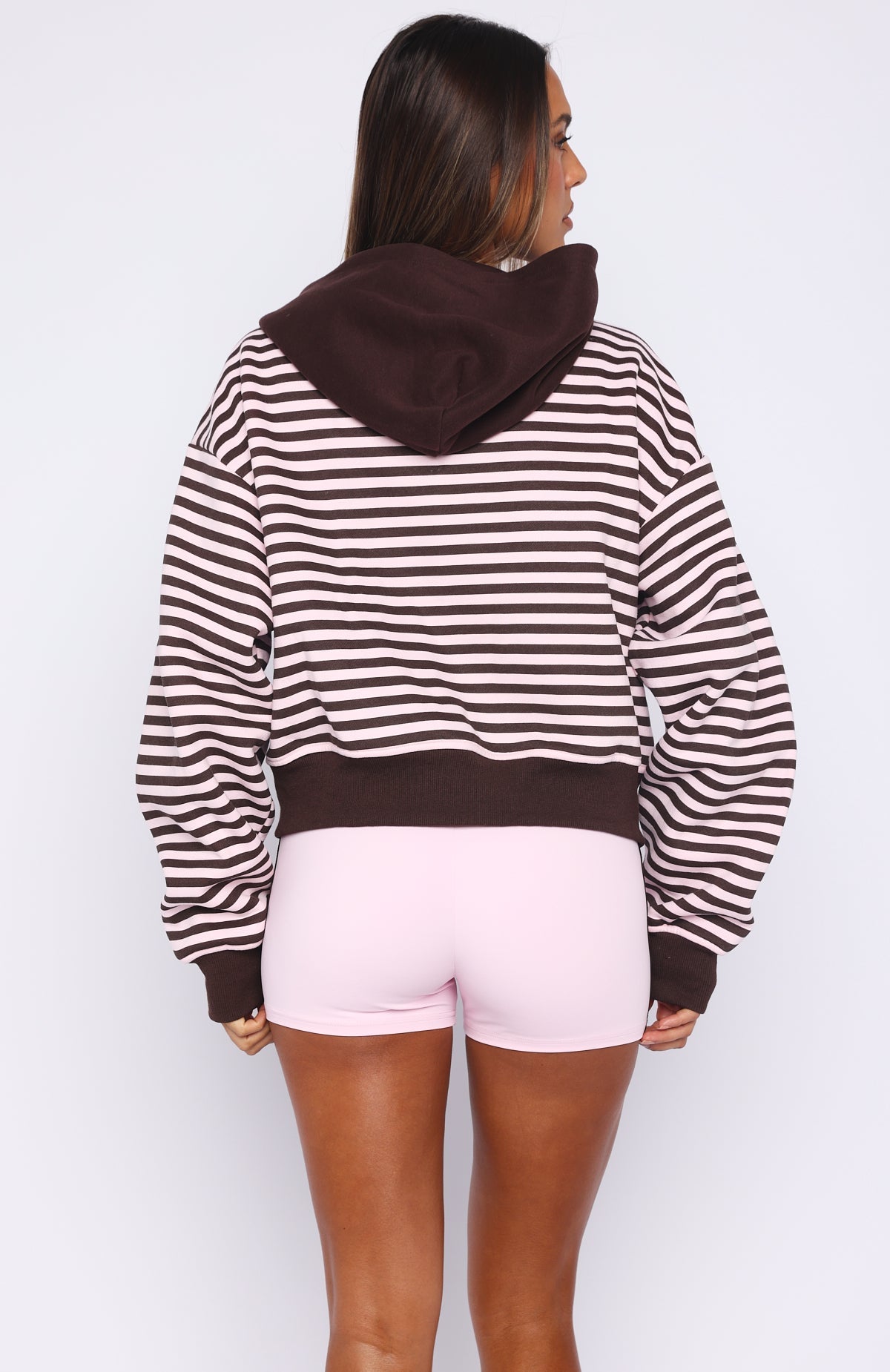 Verano Sixteen Maria Boxy Zip Front Hoodie Pink/Choc Stripe
