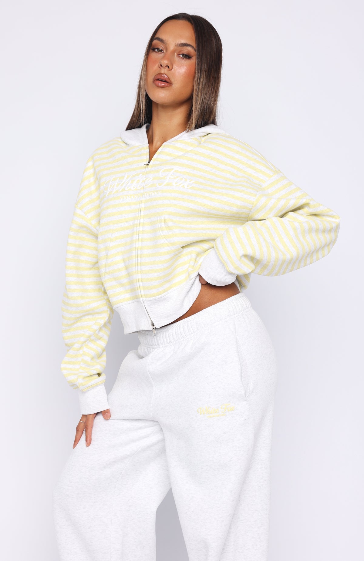 Verano Sixteen Maria Boxy Zip Front Hoodie Grey Marle/Lemon Stripe