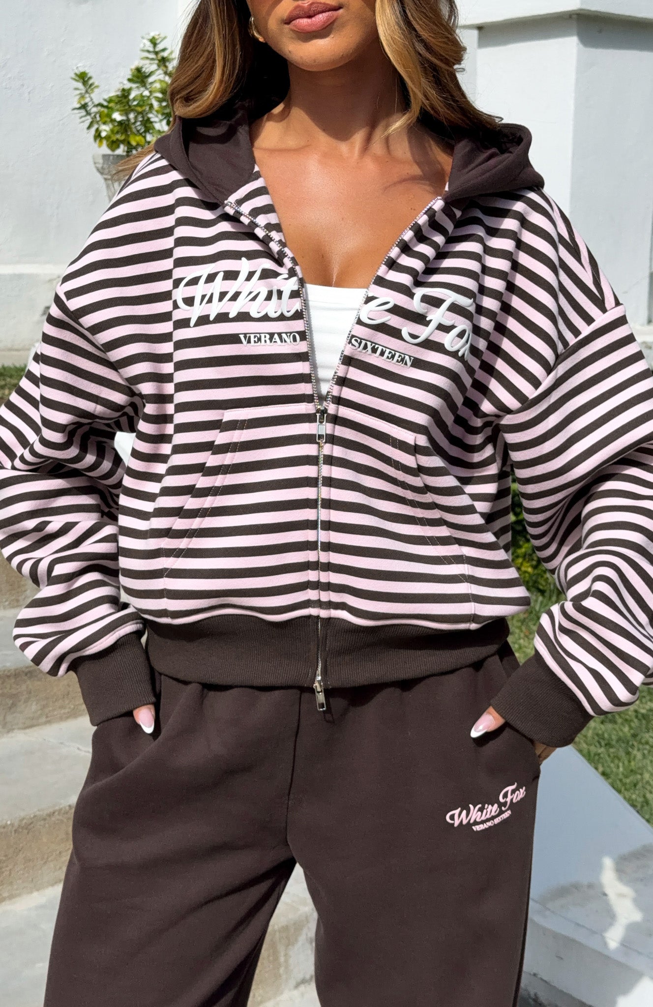 Verano Sixteen Maria Boxy Zip Front Hoodie Pink/Choc Stripe