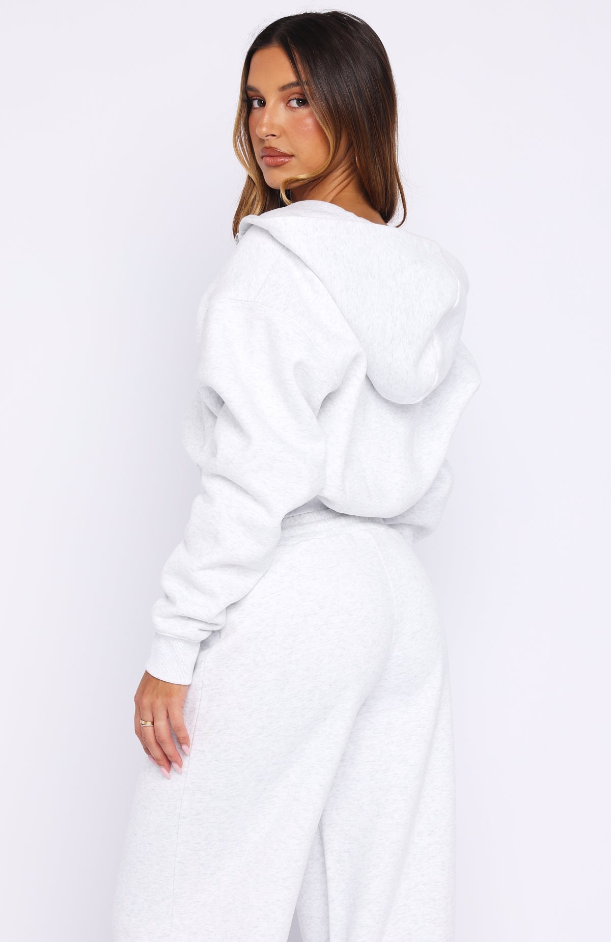 Wishing For It Cropped Cinched Zip Front Hoodie Grey Marle
