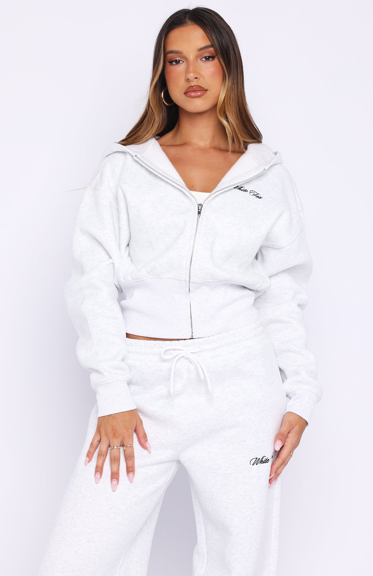 Wishing For It Cropped Cinched Zip Front Hoodie Grey Marle