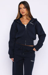 Wishing For It Cropped Cinched Zip Front Hoodie Navy