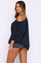 Wishing For It Off Shoulder Oversized Tee Navy
