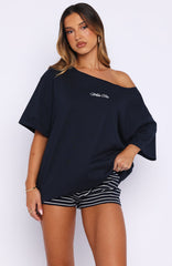 Wishing For It Off Shoulder Oversized Tee Navy
