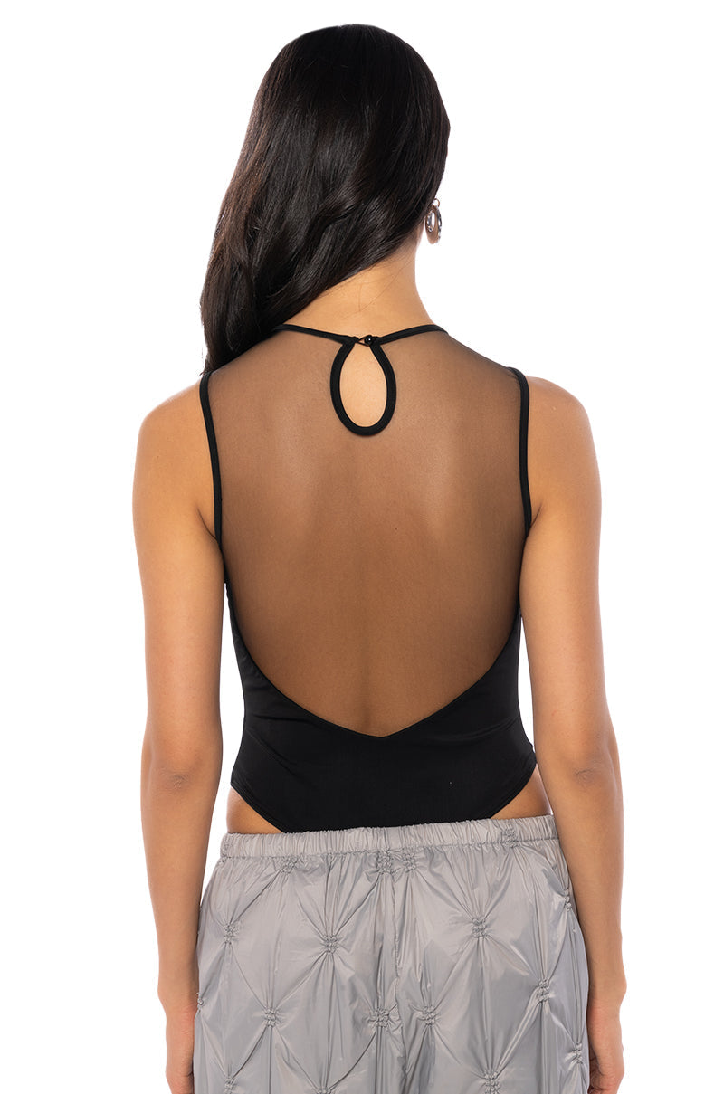 WHO ME MESH INSERT SLEEVELESS CREW NECK BODYSUIT