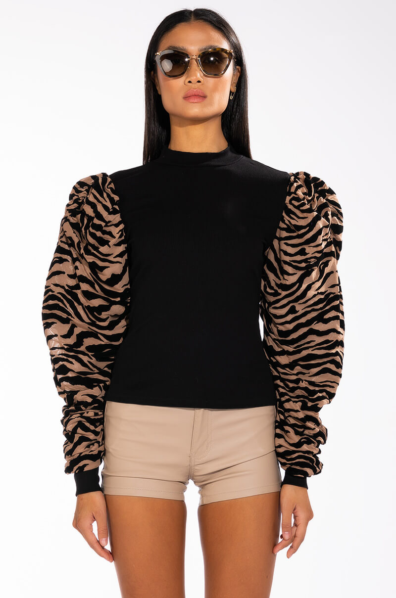 WILD SIDE CREW NECK FLOCKED RUFFLE SLEEVE TOP