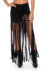 WILD THOUGHTS FRINGED MAXI CUTOUT SKIRT