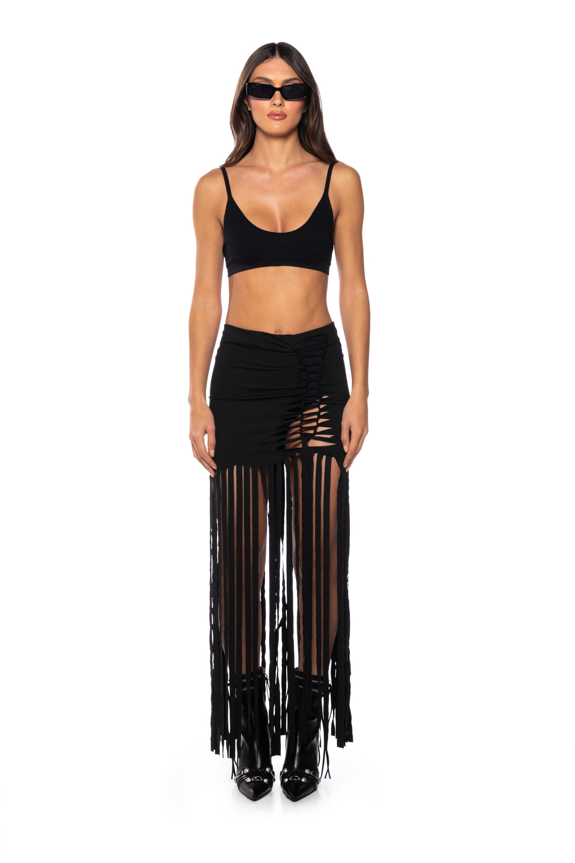 WILD THOUGHTS FRINGED MAXI CUTOUT SKIRT