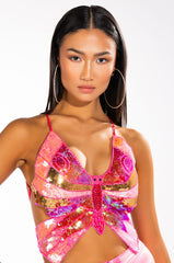 WONDERLAND SEQUIN HALTER CROP TOP