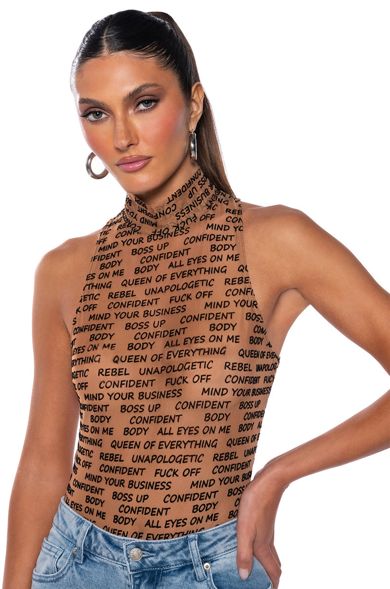 WORD OF MOUTH SLEEVELESS MOCK NECK MESH BODYSUIT