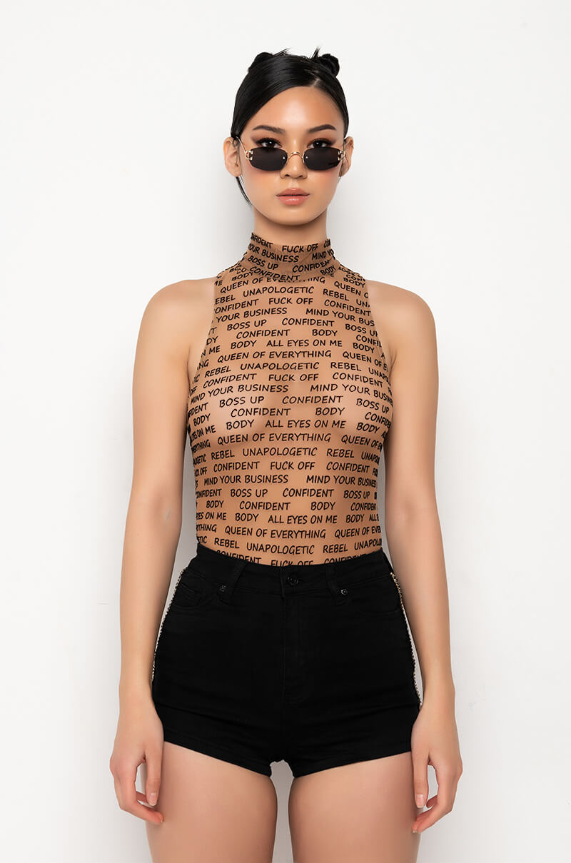 WORD OF MOUTH SLEEVELESS MOCK NECK MESH BODYSUIT