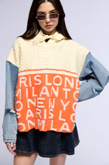 WORLD TRAVELER DENIM DETAIL SWEATER