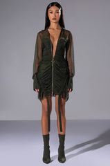 WREN RUCHED ZIP UP MESH MINI DRESS