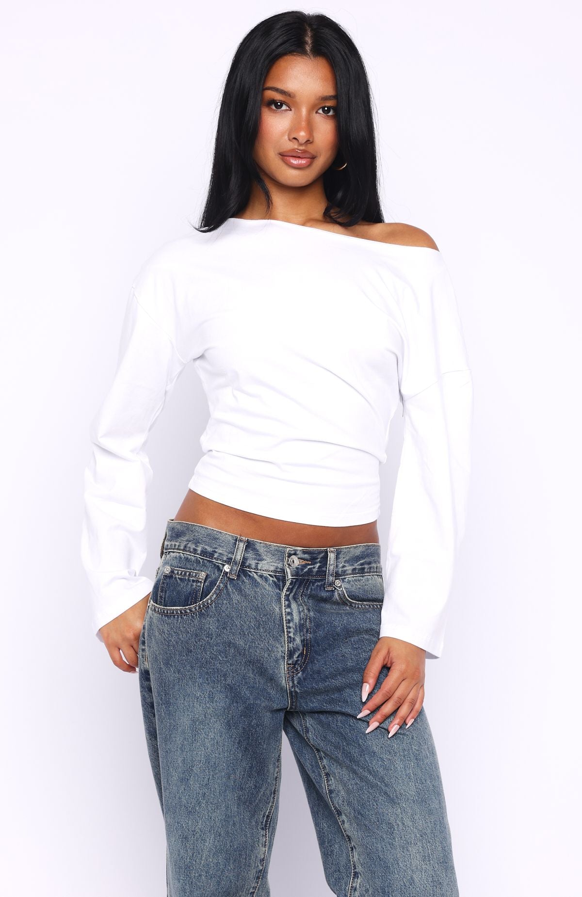 Falling For Him Cinched Waist Off Shoulder Long Sleeve Top White