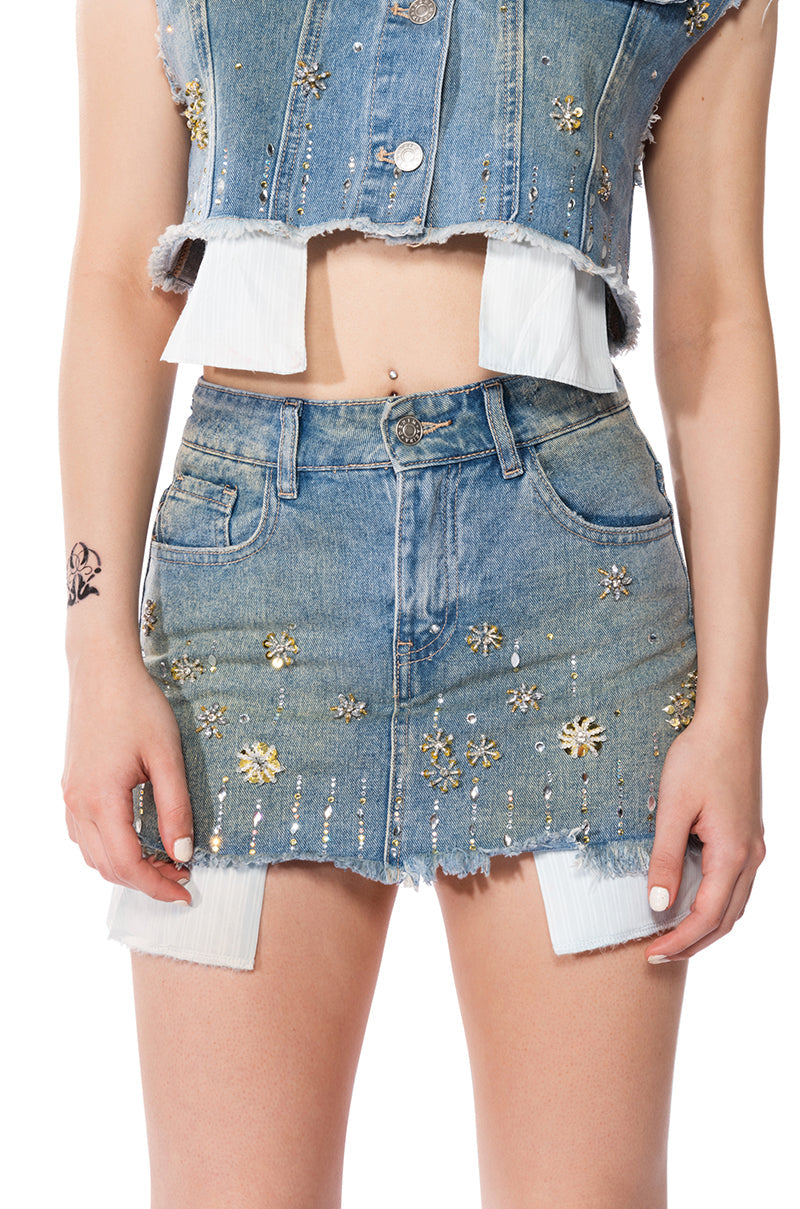 Y2K RHINESTONE MINI DENIM SKIRT