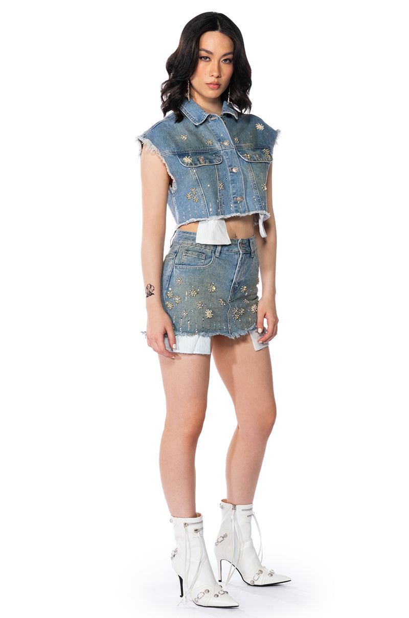 Y2K RHINESTONE MINI DENIM SKIRT