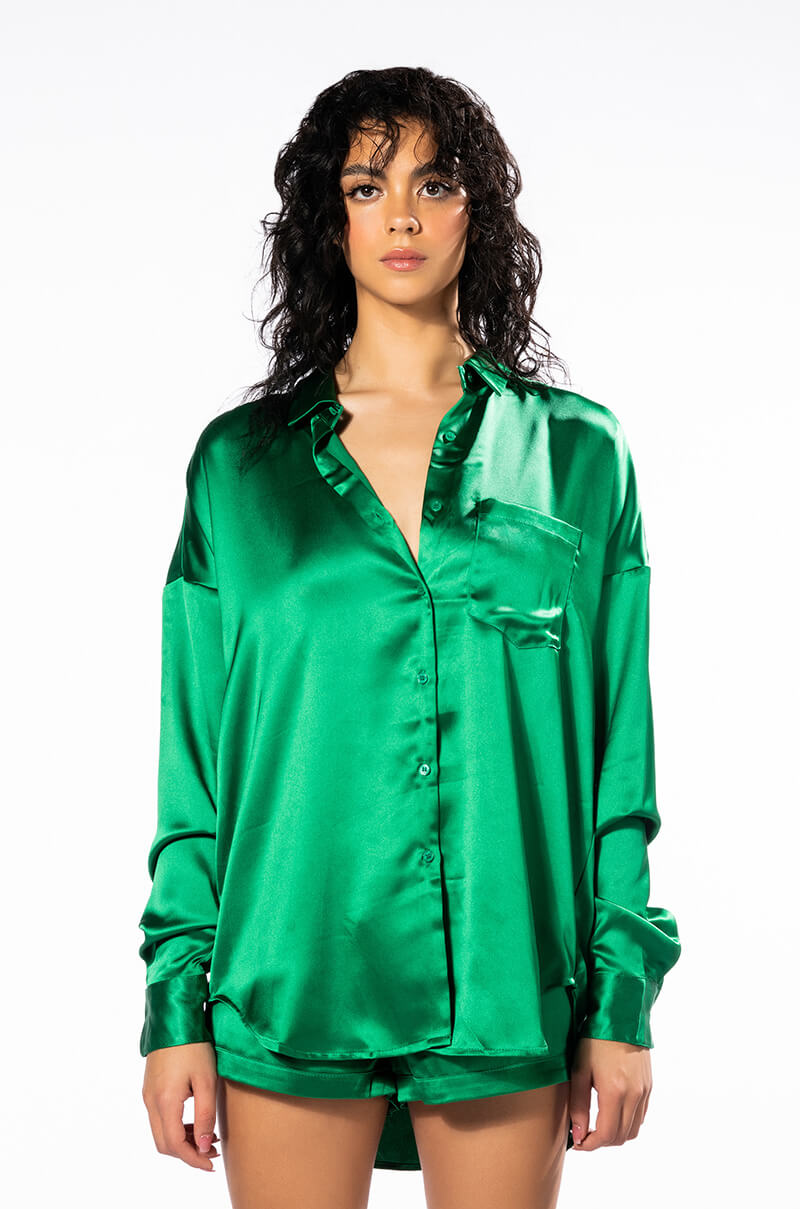 YOU WISH SATIN LONG SLEEVE BUTTON DOWN TOP