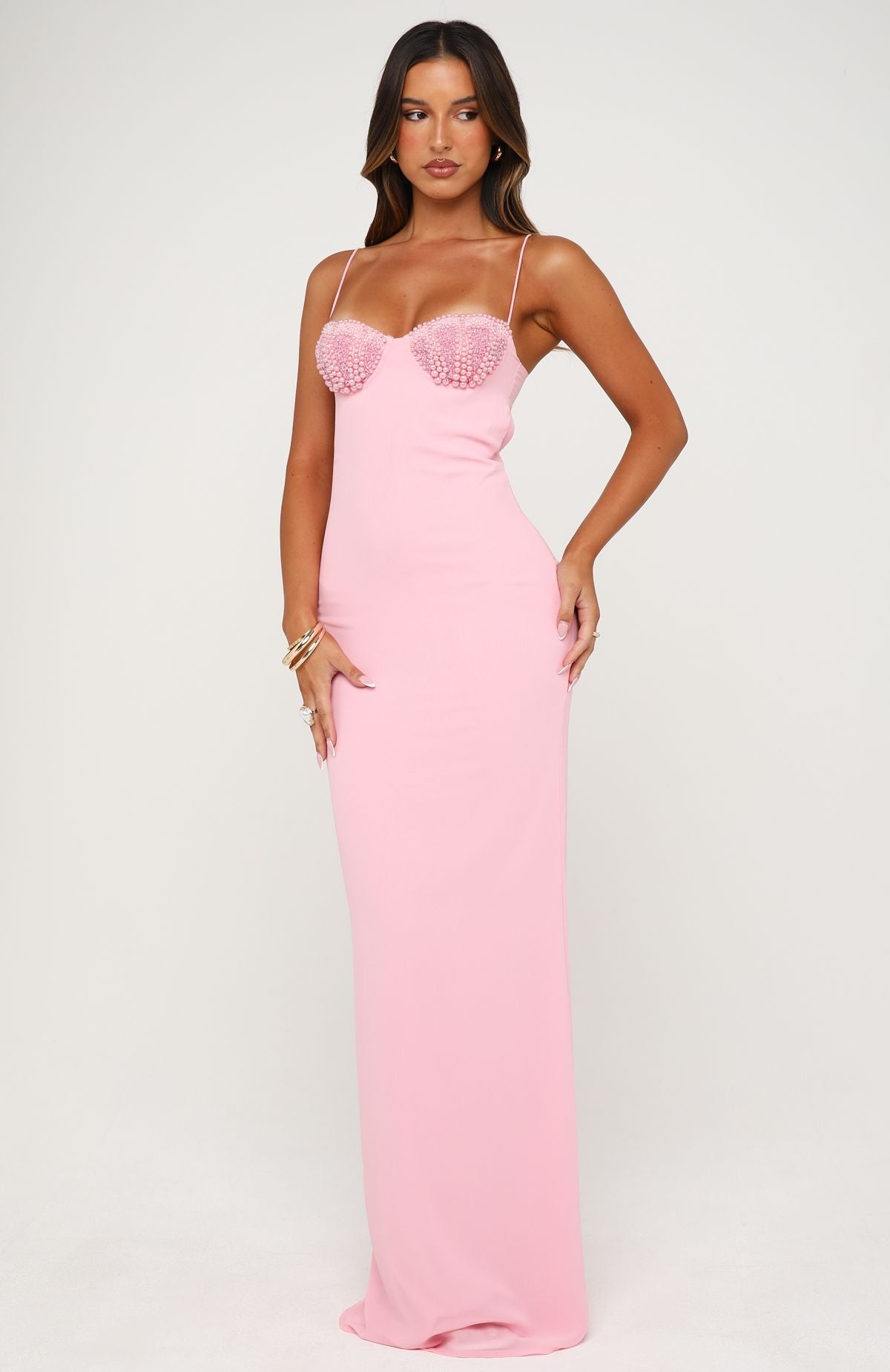 Motel Mermaid Beaded Maxi Dress Candy Pink