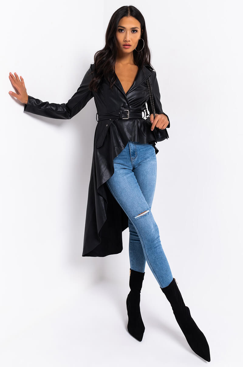 ZENDAYA PLEATHER HI LO TRENCH JACKET