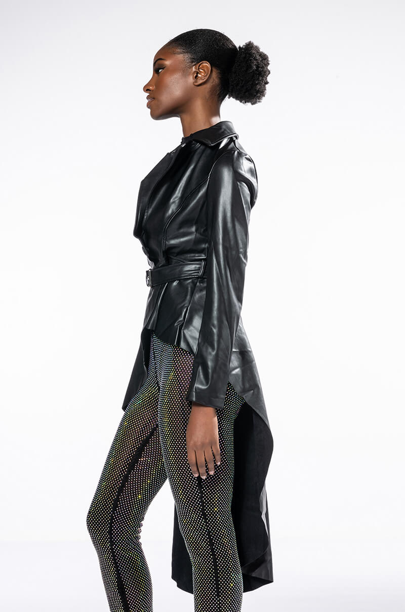 ZENDAYA PLEATHER HI LO TRENCH JACKET